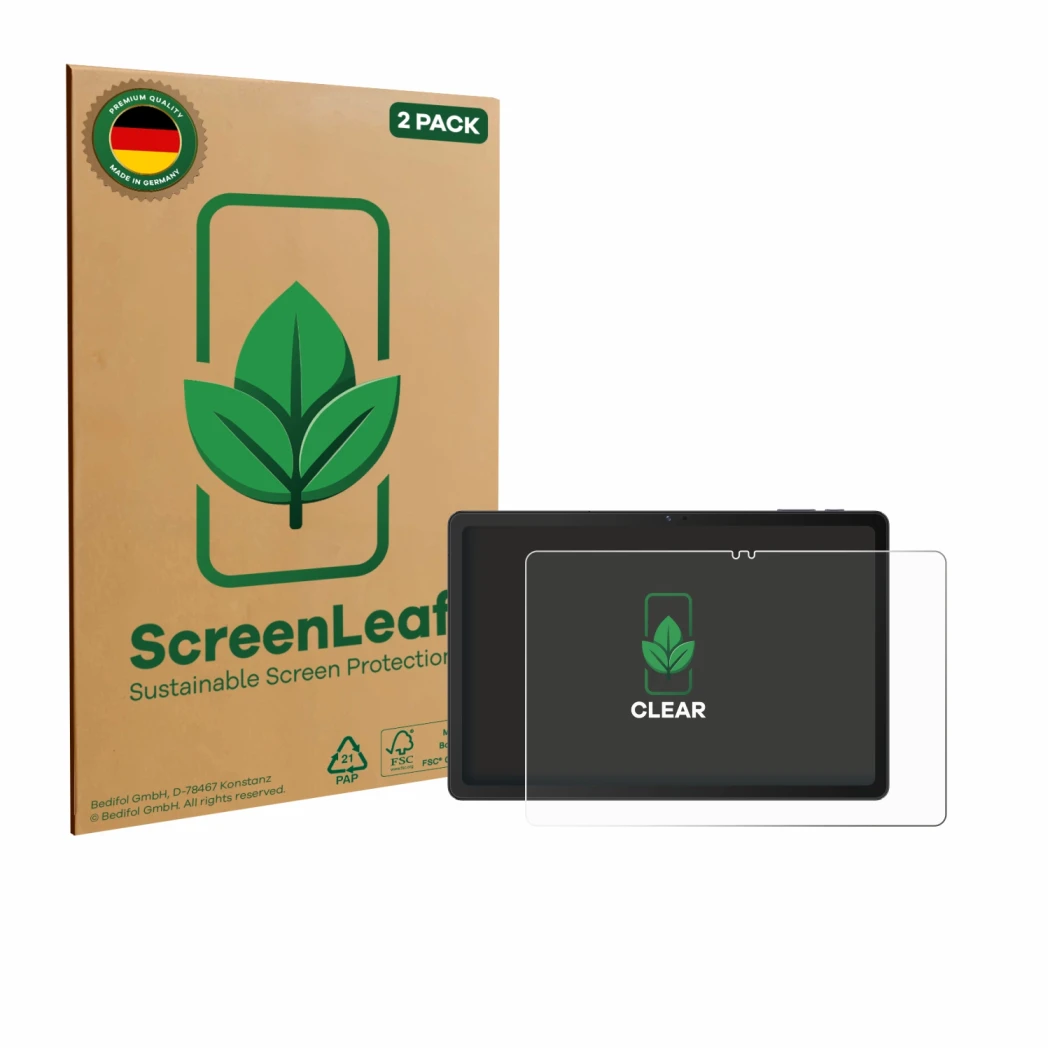 Face avant d’un emballage produit avec le logo de la marque ScreenLeaf. À côté, l’appareil VALE Tablet V11E LTE est représenté