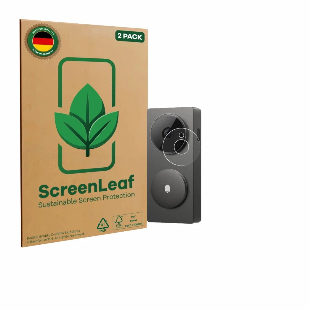 Face avant d’un emballage produit avec le logo de la marque ScreenLeaf. À côté, l’appareil Aqara Hub G410 est représenté avec 