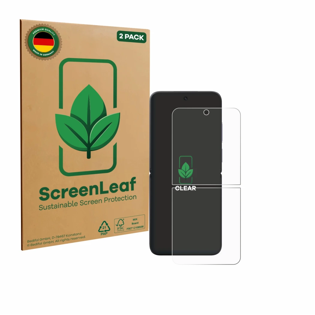 Face avant d’un emballage produit avec le logo de la marque ScreenLeaf. À côté, l’appareil Xiaomi MIX Flip est représenté avec