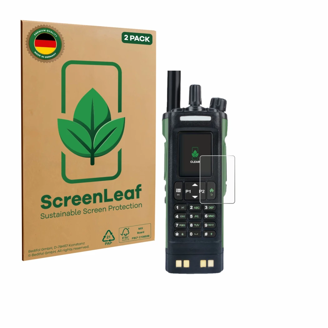 Face avant d’un emballage produit avec le logo de la marque ScreenLeaf. À côté, l’appareil Baofeng DM-32 est représenté avec l