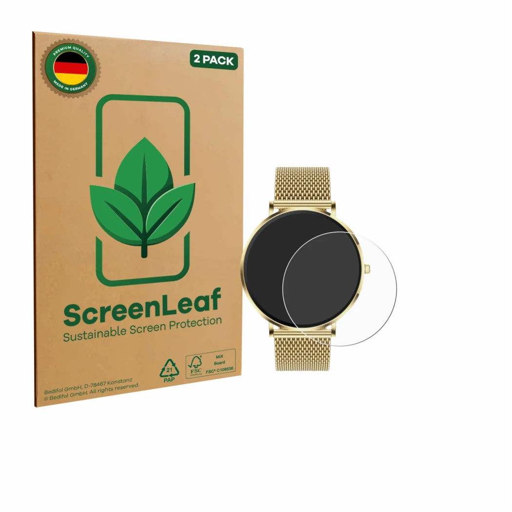 Face avant d’un emballage produit avec le logo de la marque ScreenLeaf. À côté, l’appareil Mivora Eleganza PRO 1.32
