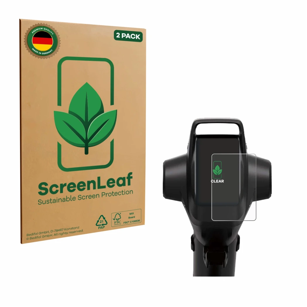 Face avant d’un emballage produit avec le logo de la marque ScreenLeaf. À côté, l’appareil Segway GT3 Pro est représenté avec 