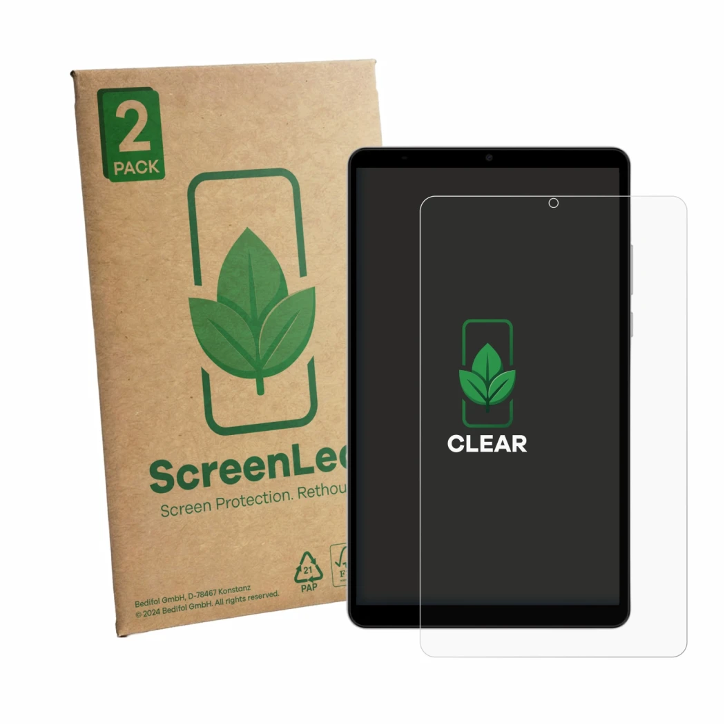 Face avant d’un emballage produit avec le logo de la marque ScreenLeaf. À côté, l’appareil Honor Pad X7 est représenté avec la