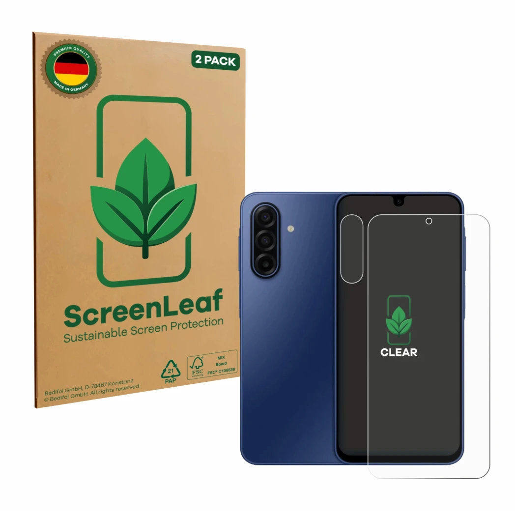Face avant d’un emballage produit avec le logo de la marque ScreenLeaf. À côté, l’appareil Samsung Galaxy A17 5G (Avant+Caméra