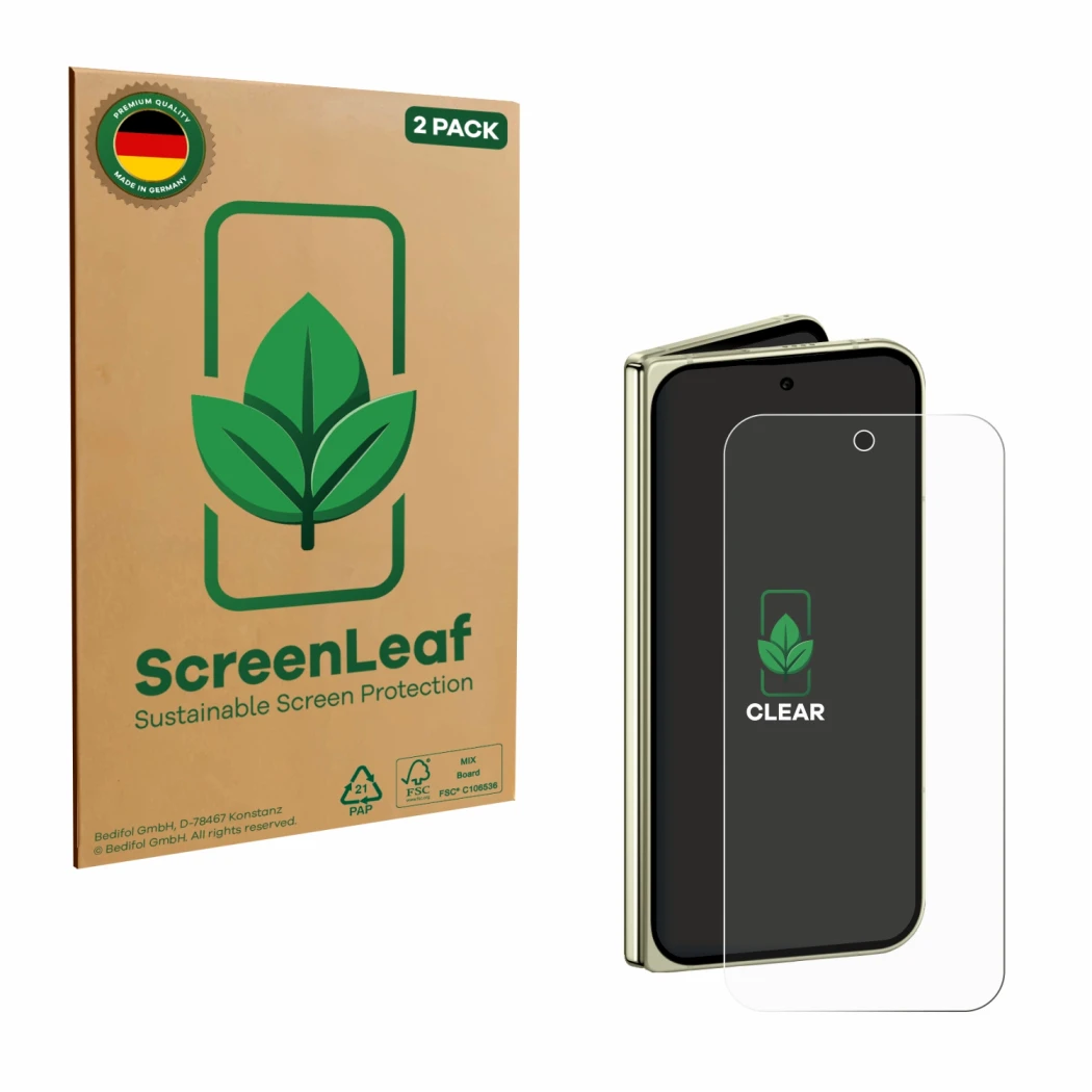 Face avant d’un emballage produit avec le logo de la marque ScreenLeaf. À côté, l’appareil Google Pixel 10 Pro Fold est représ