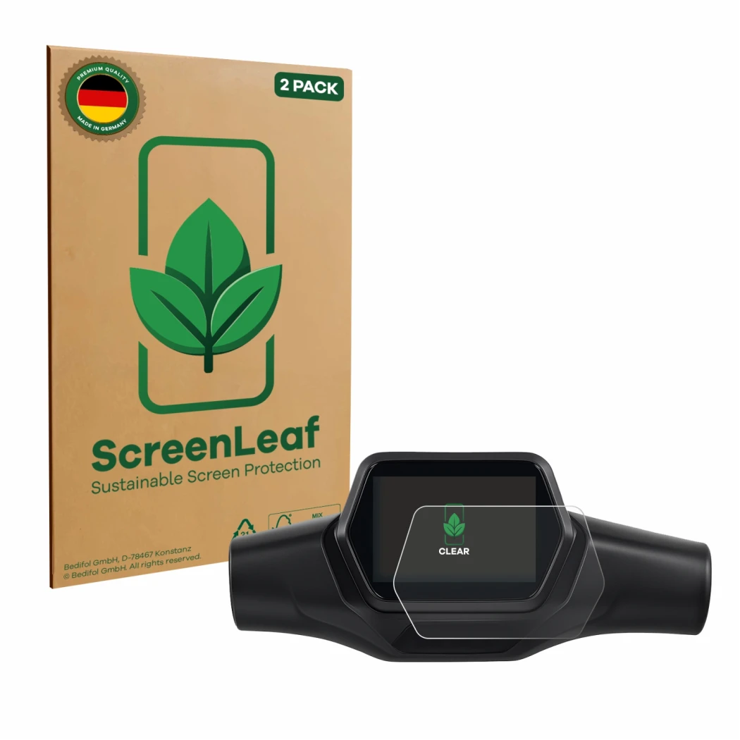 Face avant d’un emballage produit avec le logo de la marque ScreenLeaf. À côté, l’appareil Segway Ninebot ZT3 D est représenté