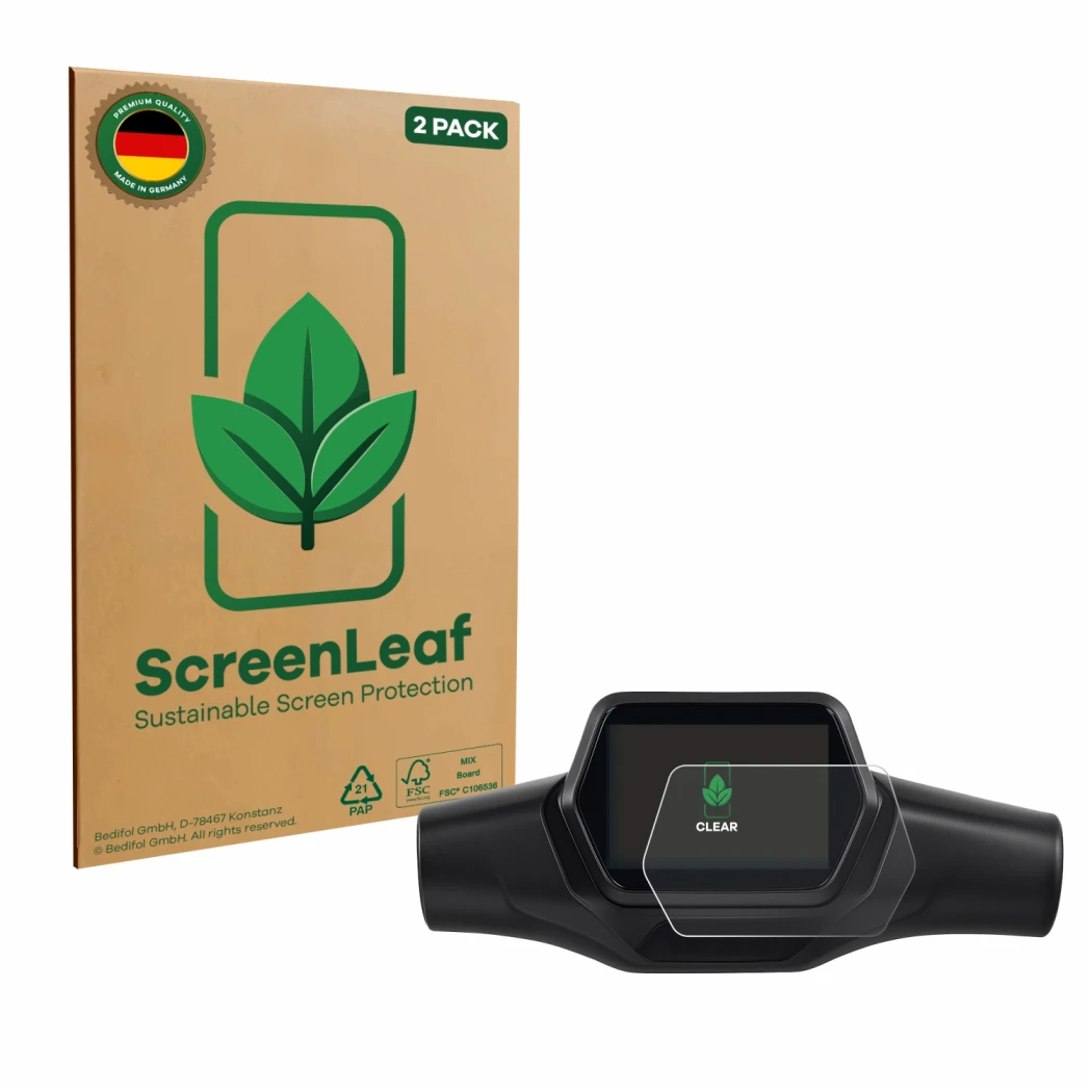 Face avant d’un emballage produit avec le logo de la marque ScreenLeaf. À côté, l’appareil Segway Ninebot ZT3 Pro D est représ