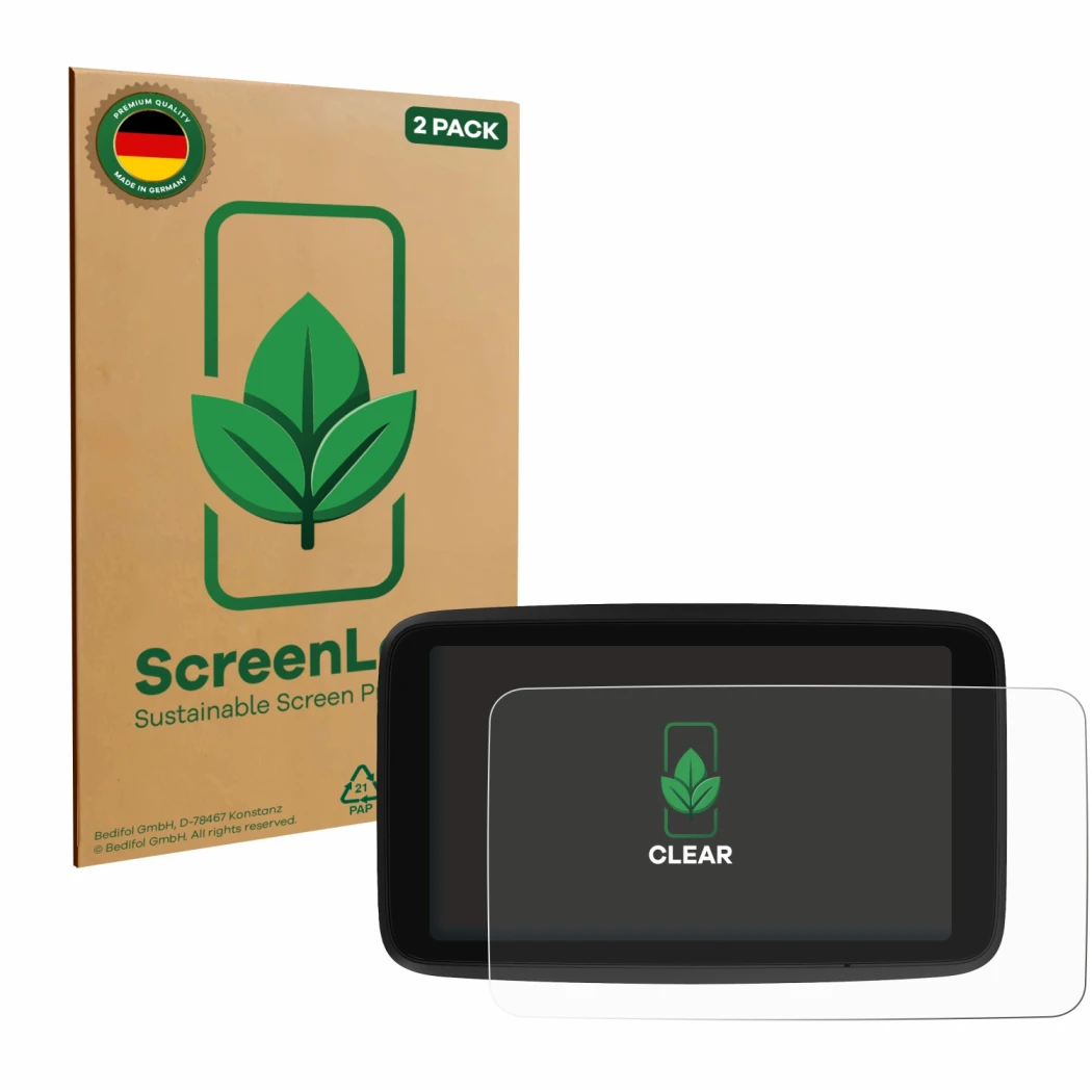 Face avant d’un emballage produit avec le logo de la marque ScreenLeaf. À côté, l’appareil TomTom GO Classic 6