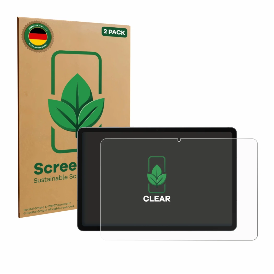 Face avant d’un emballage produit avec le logo de la marque ScreenLeaf. À côté, l’appareil Samsung Galaxy Tab S11 est représen
