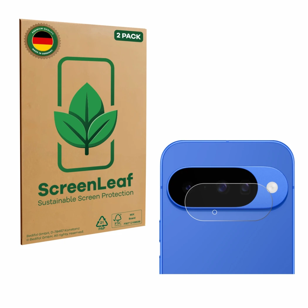 Face avant d’un emballage produit avec le logo de la marque ScreenLeaf. À côté, l’appareil Google Pixel 10 (Caméra UNIQUEMENT)