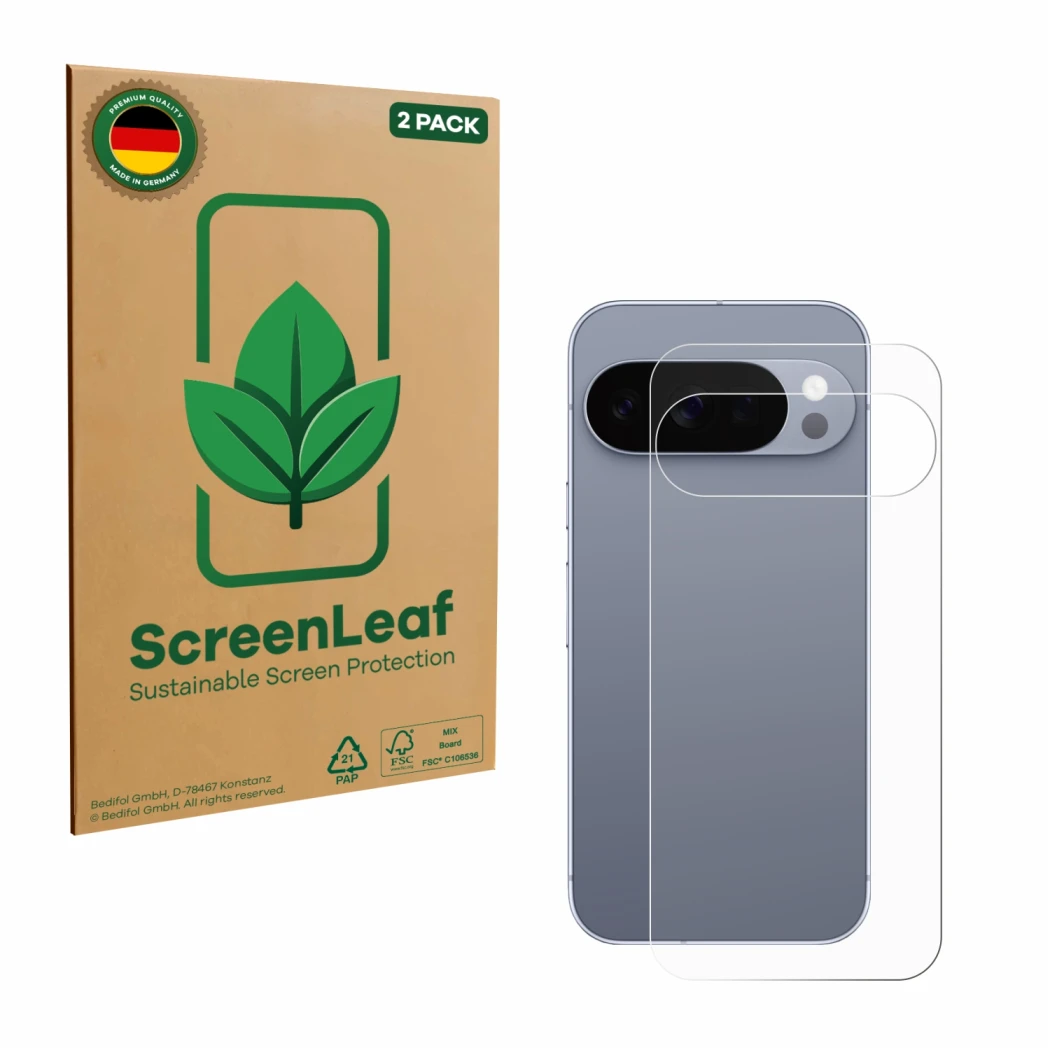 Face avant d’un emballage produit avec le logo de la marque ScreenLeaf. À côté, l’appareil Google Pixel 10 Pro (Arrière) est r