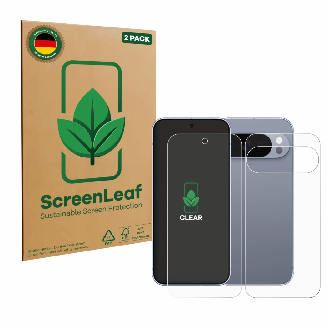 Face avant d’un emballage produit avec le logo de la marque ScreenLeaf. À côté, l’appareil Google Pixel 10 Pro (Avant+Arrière)