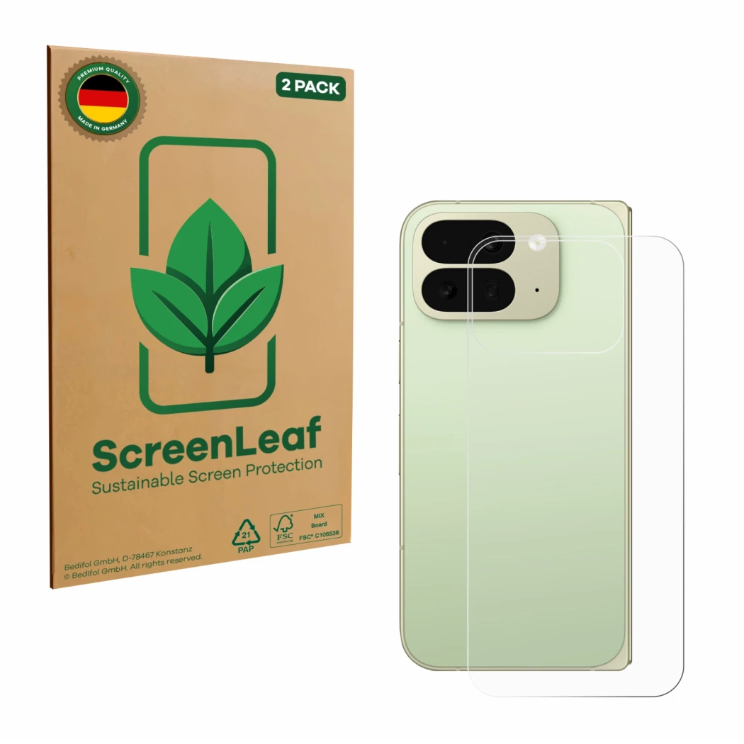 Face avant d’un emballage produit avec le logo de la marque ScreenLeaf. À côté, l’appareil Google Pixel 10 Pro Fold (Arrière) 