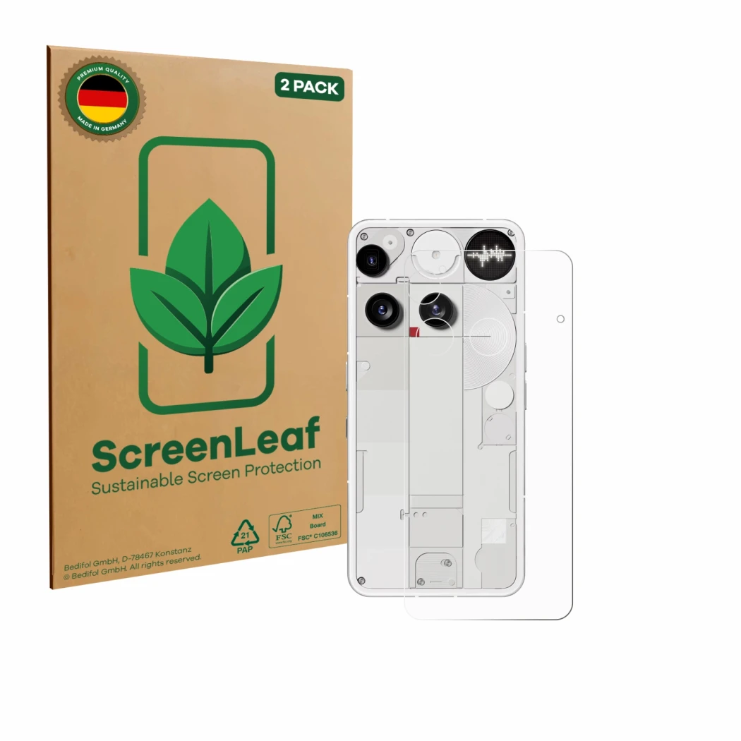 Face avant d’un emballage produit avec le logo de la marque ScreenLeaf. À côté, l’appareil Nothing Phone (3) (Arrière) est rep