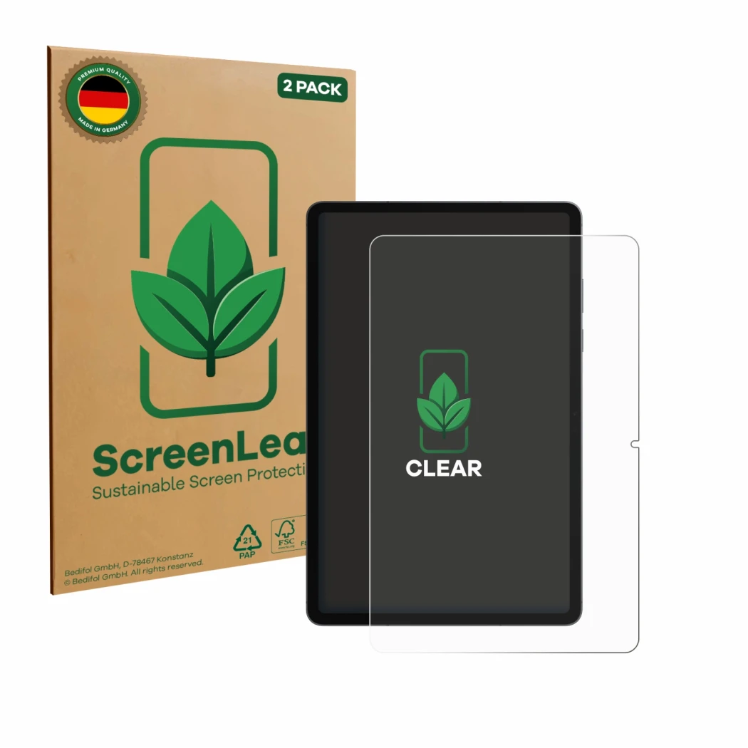 Face avant d’un emballage produit avec le logo de la marque ScreenLeaf. À côté, l’appareil Samsung Galaxy Tab S11 (portrait) e