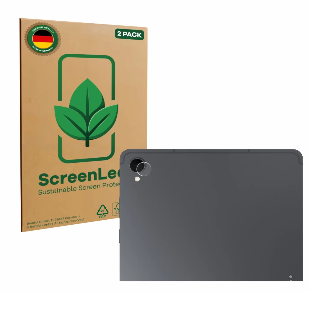 Face avant d’un emballage produit avec le logo de la marque ScreenLeaf. À côté, l’appareil Samsung Galaxy Tab S11 (Caméra UNIQ