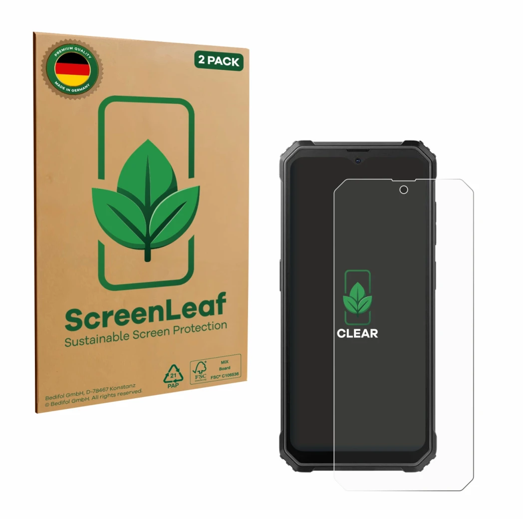 Face avant d’un emballage produit avec le logo de la marque ScreenLeaf. À côté, l’appareil Blackview BV4800 est représenté ave