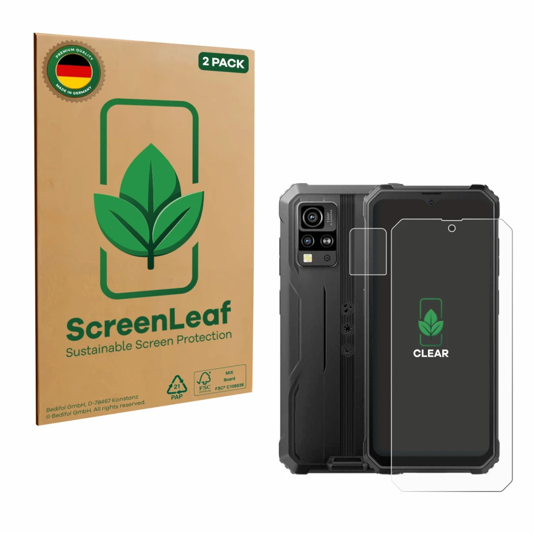 Face avant d’un emballage produit avec le logo de la marque ScreenLeaf. À côté, l’appareil Blackview BV4800 (Avant+Caméra) est