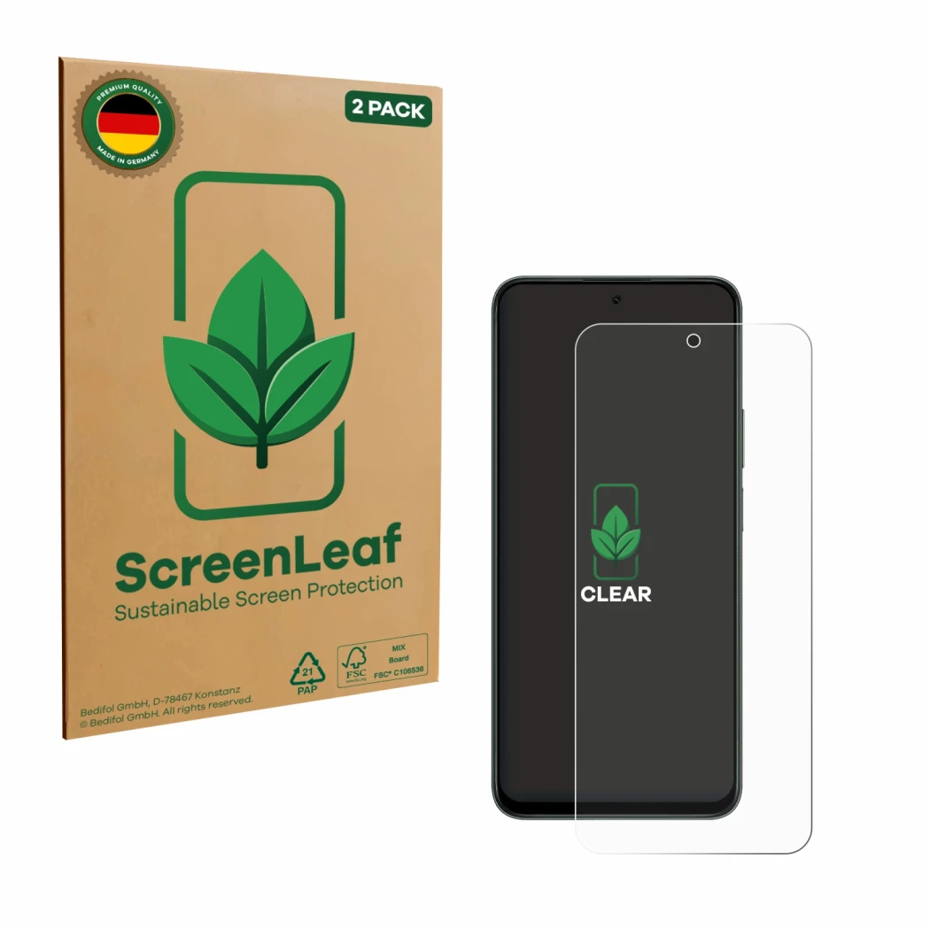 Face avant d’un emballage produit avec le logo de la marque ScreenLeaf. À côté, l’appareil Honor X7d 4G est représenté avec la
