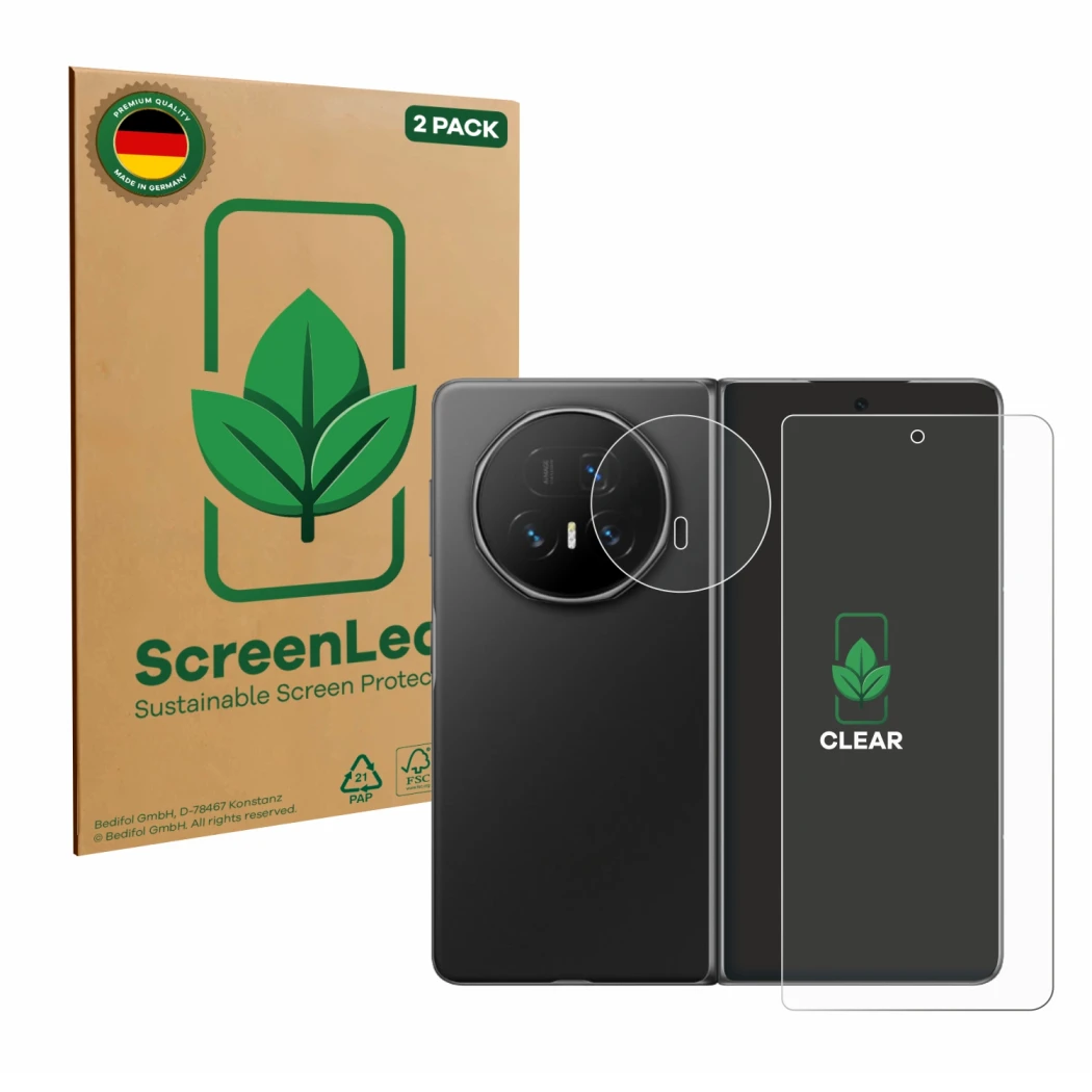 Face avant d’un emballage produit avec le logo de la marque ScreenLeaf. À côté, l’appareil Honor Magic V5 (Avant+Caméra) est r
