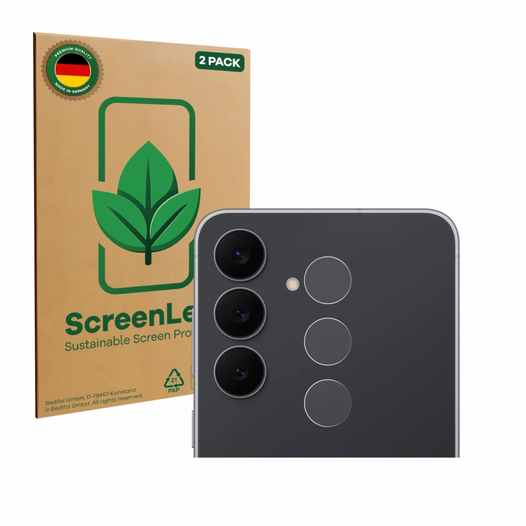 Face avant d’un emballage produit avec le logo de la marque ScreenLeaf. À côté, l’appareil Samsung Galaxy S25 FE (Caméra UNIQU
