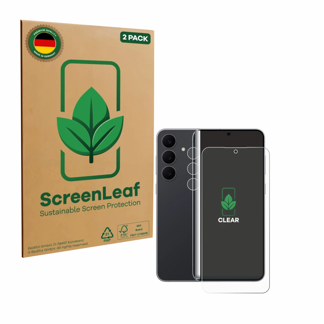 Face avant d’un emballage produit avec le logo de la marque ScreenLeaf. À côté, l’appareil Samsung Galaxy S25 FE (Avant+Caméra