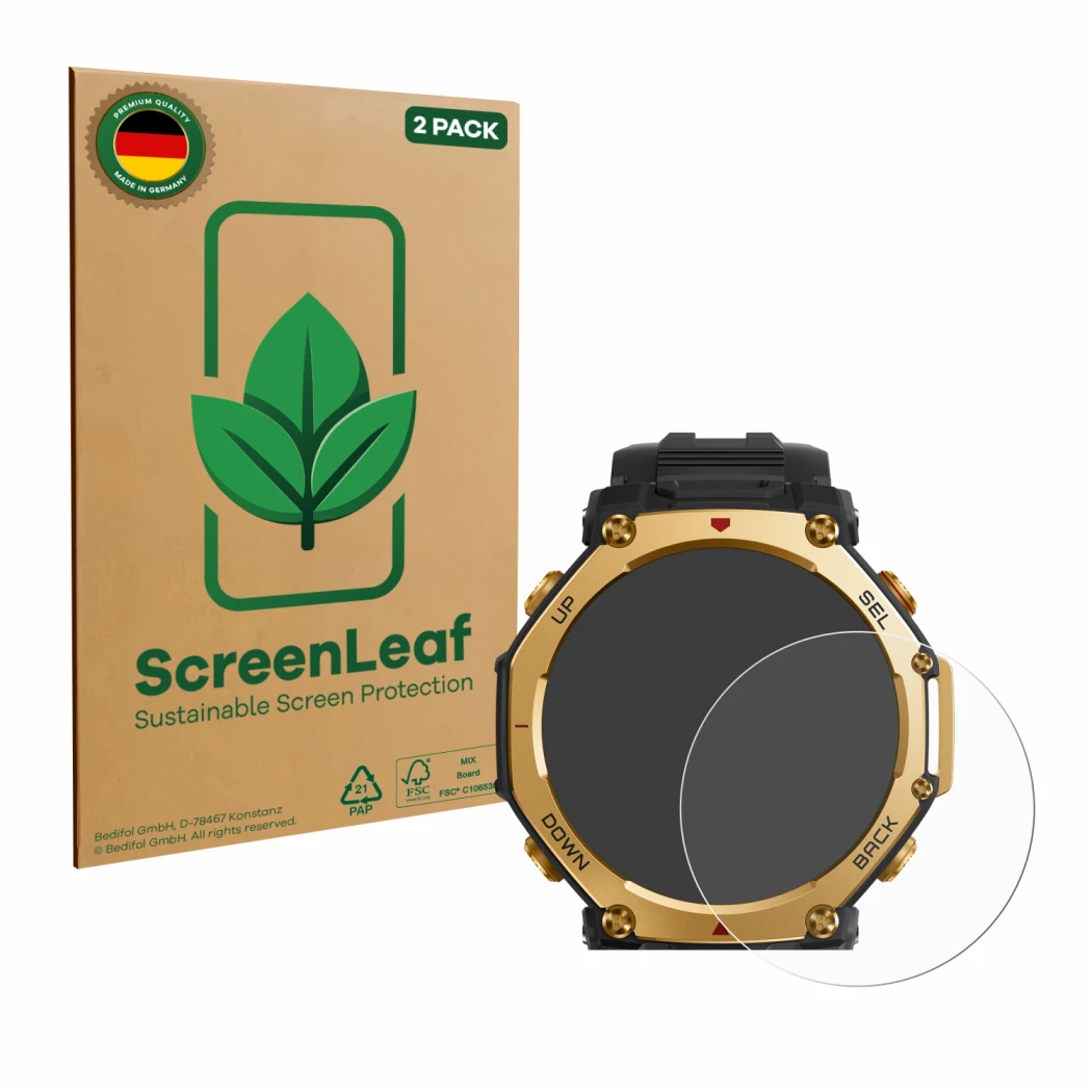 Face avant d’un emballage produit avec le logo de la marque ScreenLeaf. À côté, l’appareil Huami Amazfit T-Rex 3 Pro (48 mm) e