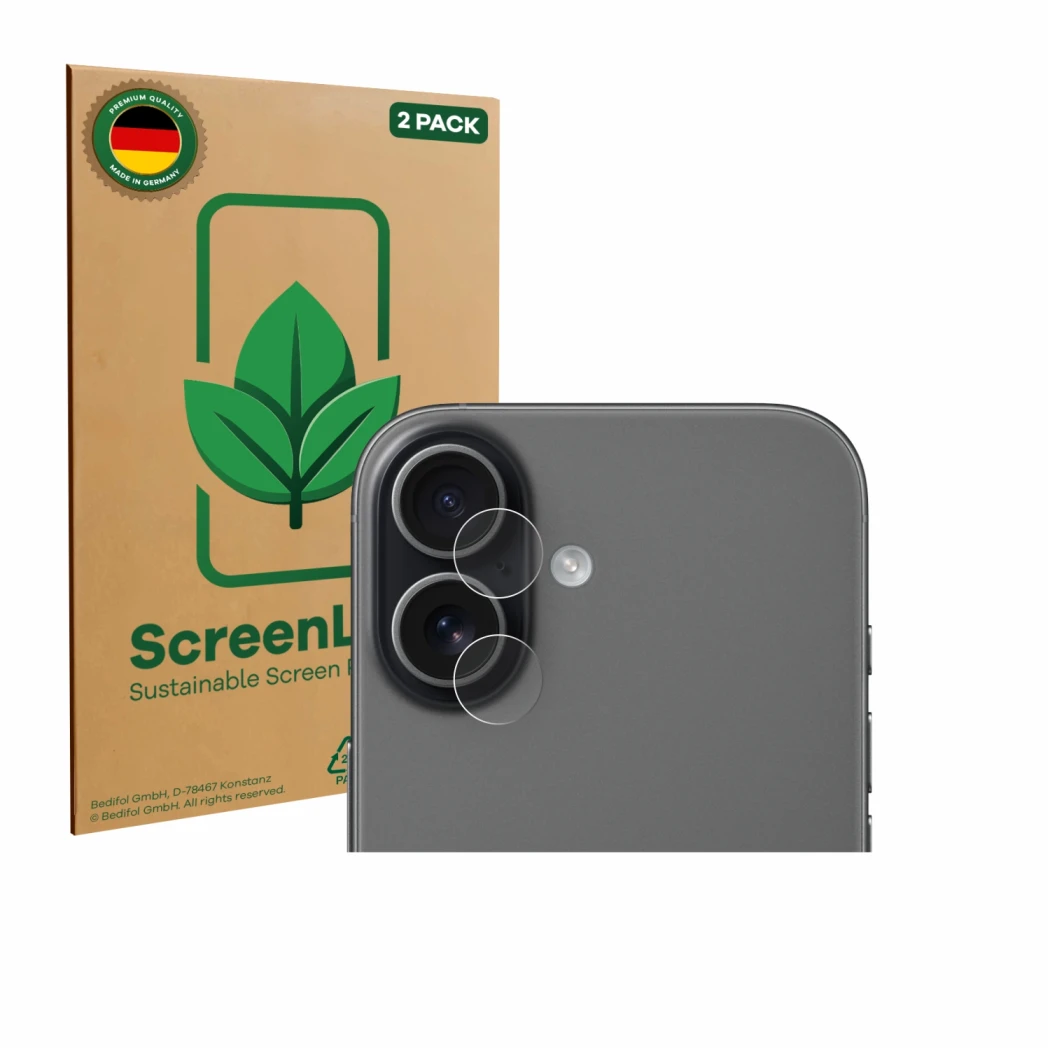 Face avant d’un emballage produit avec le logo de la marque ScreenLeaf. À côté, l’appareil Apple iPhone 17 (Caméra UNIQUEMENT)