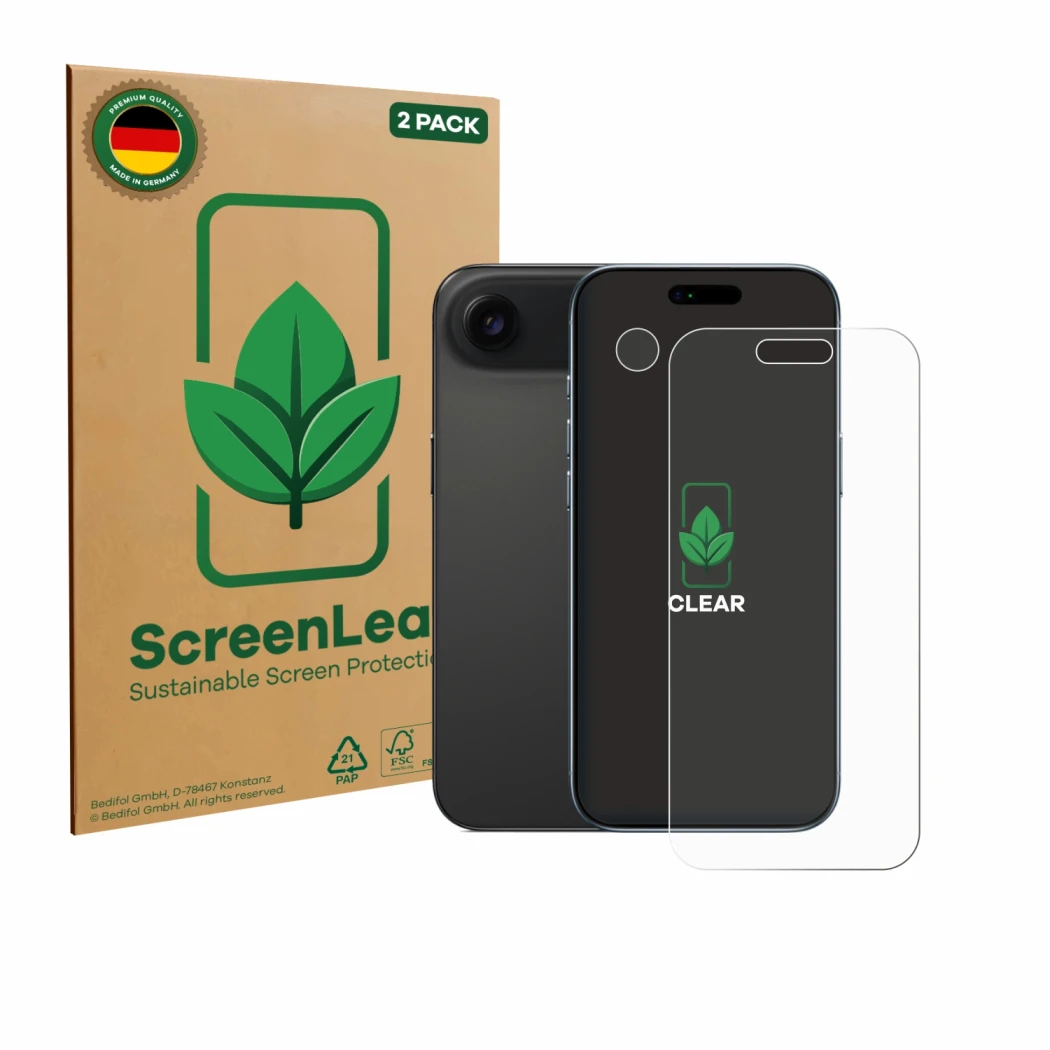 Face avant d’un emballage produit avec le logo de la marque ScreenLeaf. À côté, l’appareil Apple iPhone Air (Avant+Caméra) est