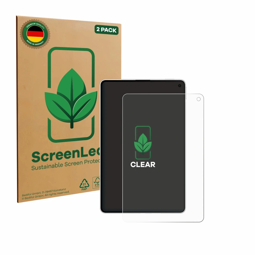 Face avant d’un emballage produit avec le logo de la marque ScreenLeaf. À côté, l’appareil Huawei MatePad Mini est représenté 