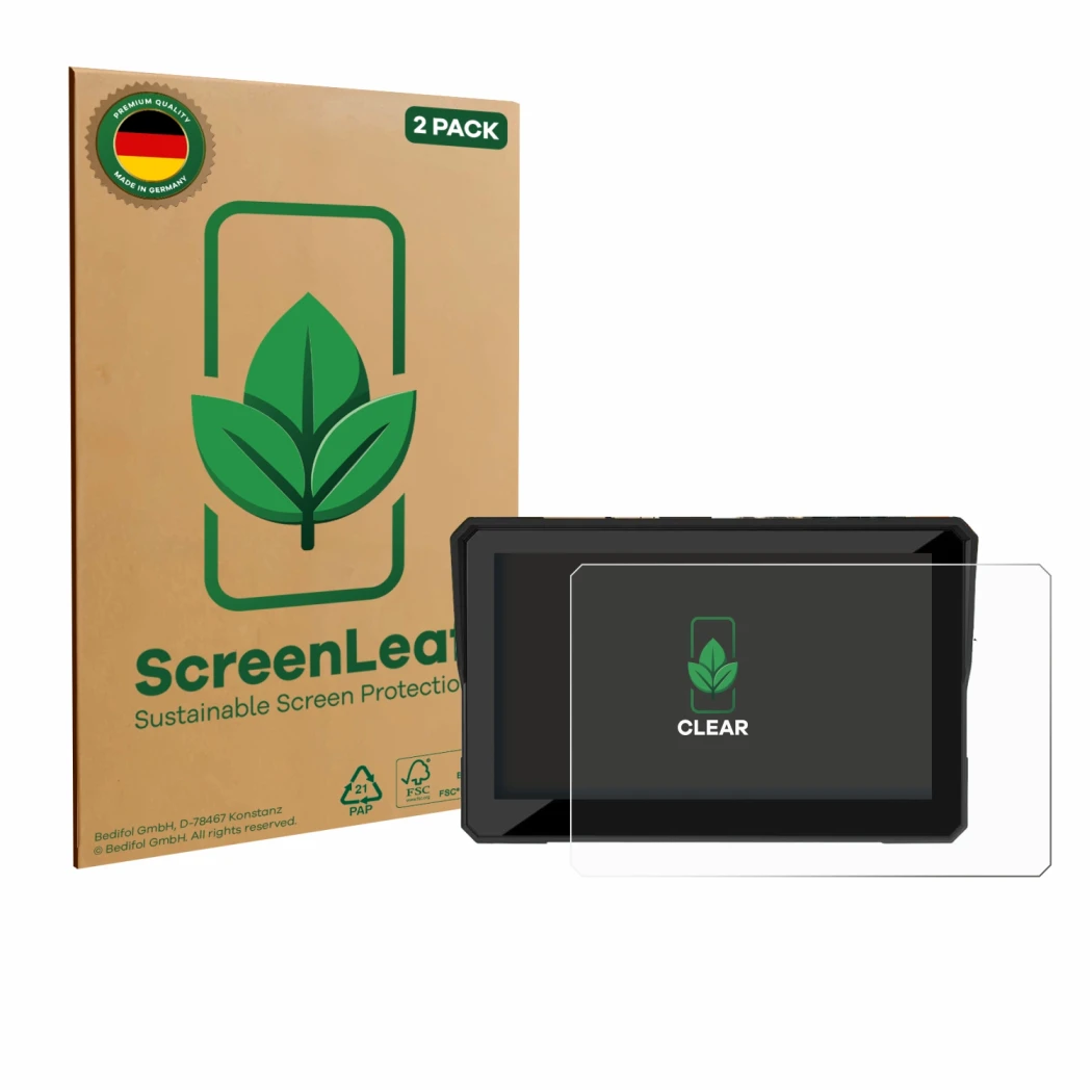 Face avant d’un emballage produit avec le logo de la marque ScreenLeaf. À côté, l’appareil Carpuride W502 Pro 5