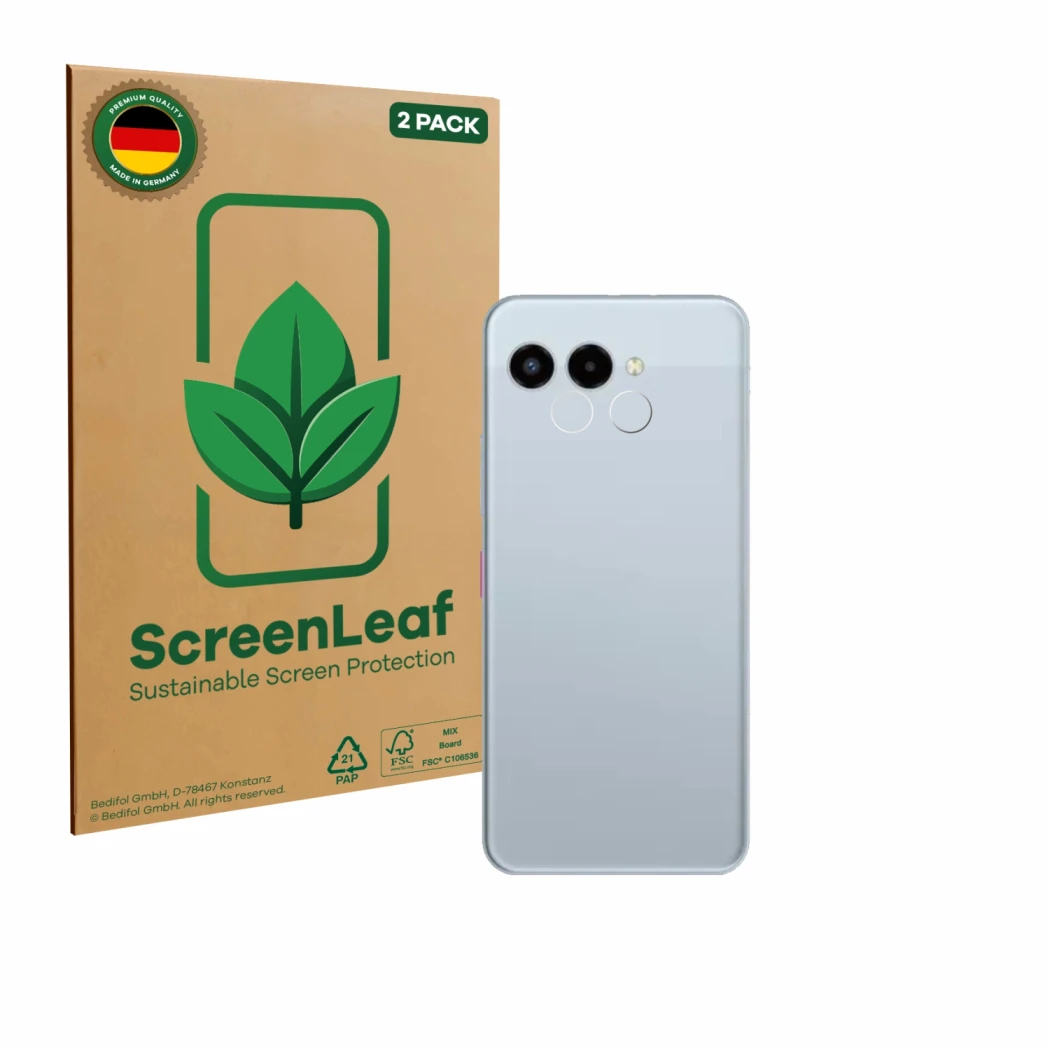 Face avant d’un emballage produit avec le logo de la marque ScreenLeaf. À côté, l’appareil Telekom T Phone 3 (Caméra UNIQUEMEN