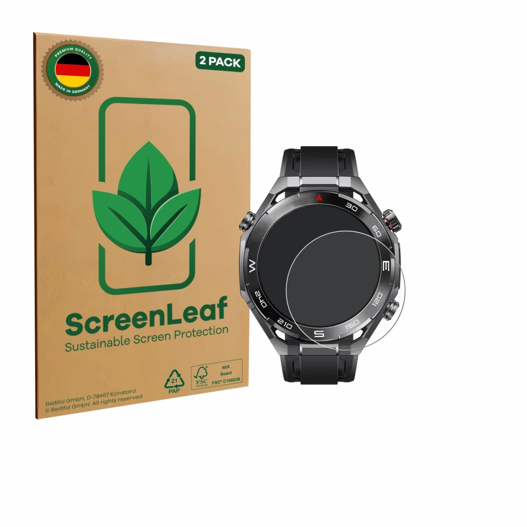 Face avant d’un emballage produit avec le logo de la marque ScreenLeaf. À côté, l’appareil Huawei Watch Ultimate 2 Black est r