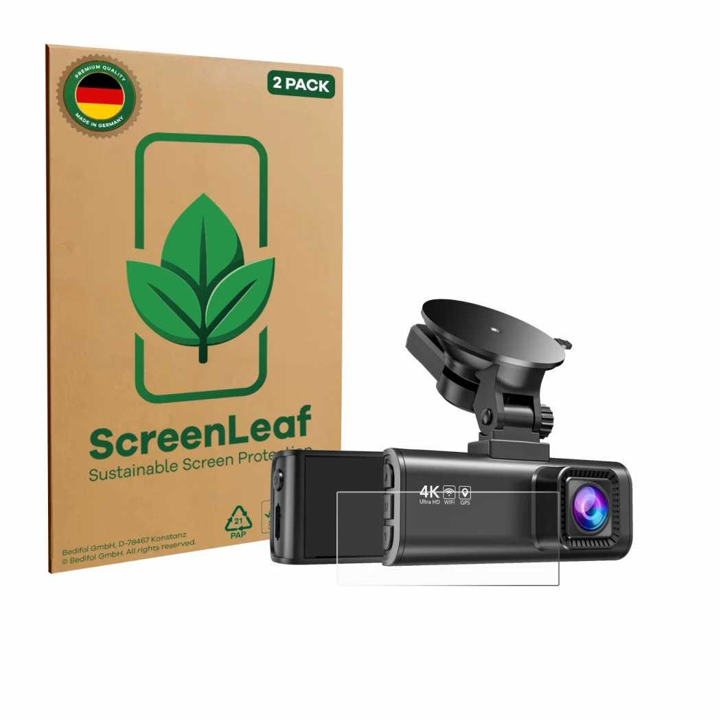 Face avant d’un emballage produit avec le logo de la marque ScreenLeaf. À côté, l’appareil Redtiger F7NP est représenté avec l