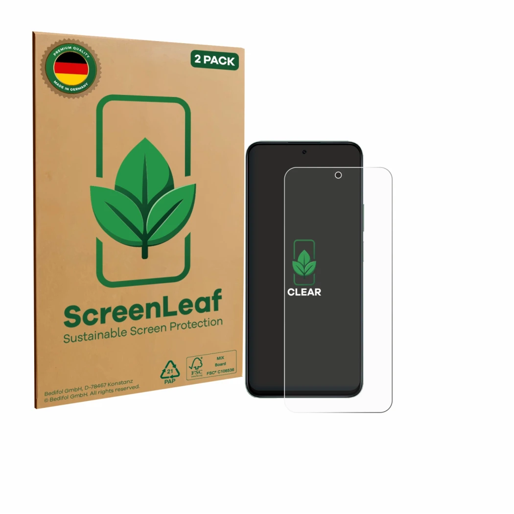 Face avant d’un emballage produit avec le logo de la marque ScreenLeaf. À côté, l’appareil Honor 400 Smart est représenté avec