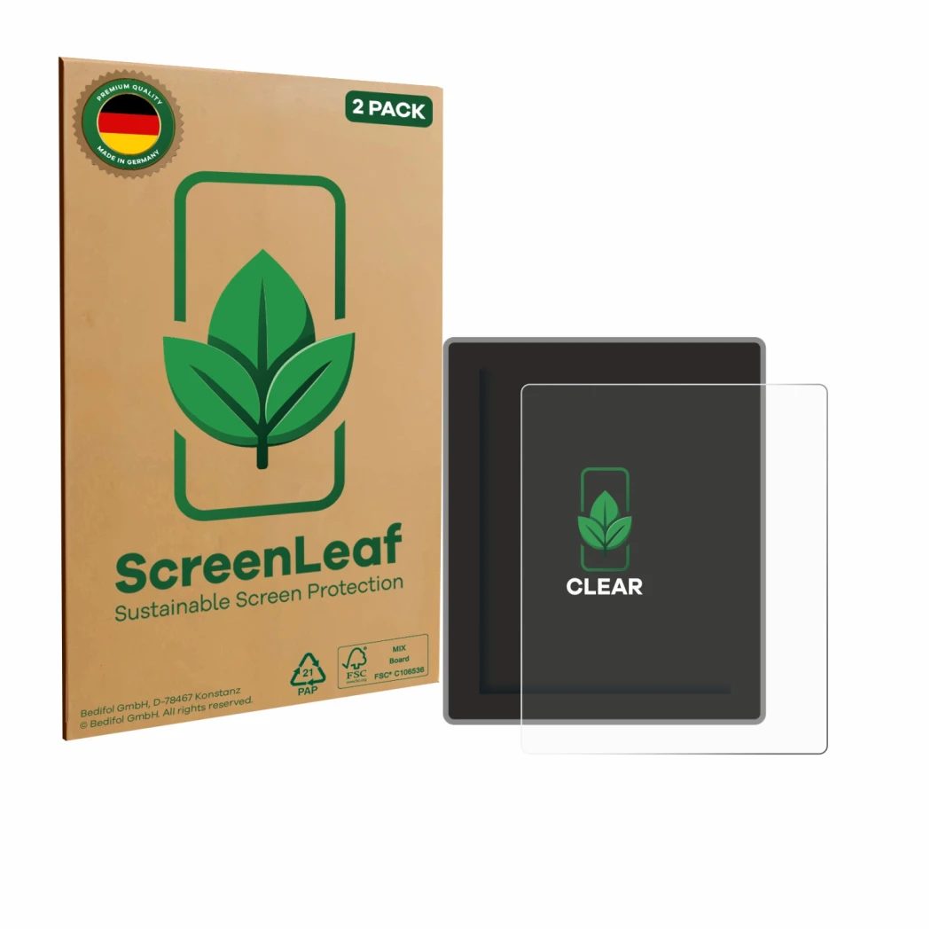 Face avant d’un emballage produit avec le logo de la marque ScreenLeaf. À côté, l’appareil Peterson Strobostomp Mini est repré