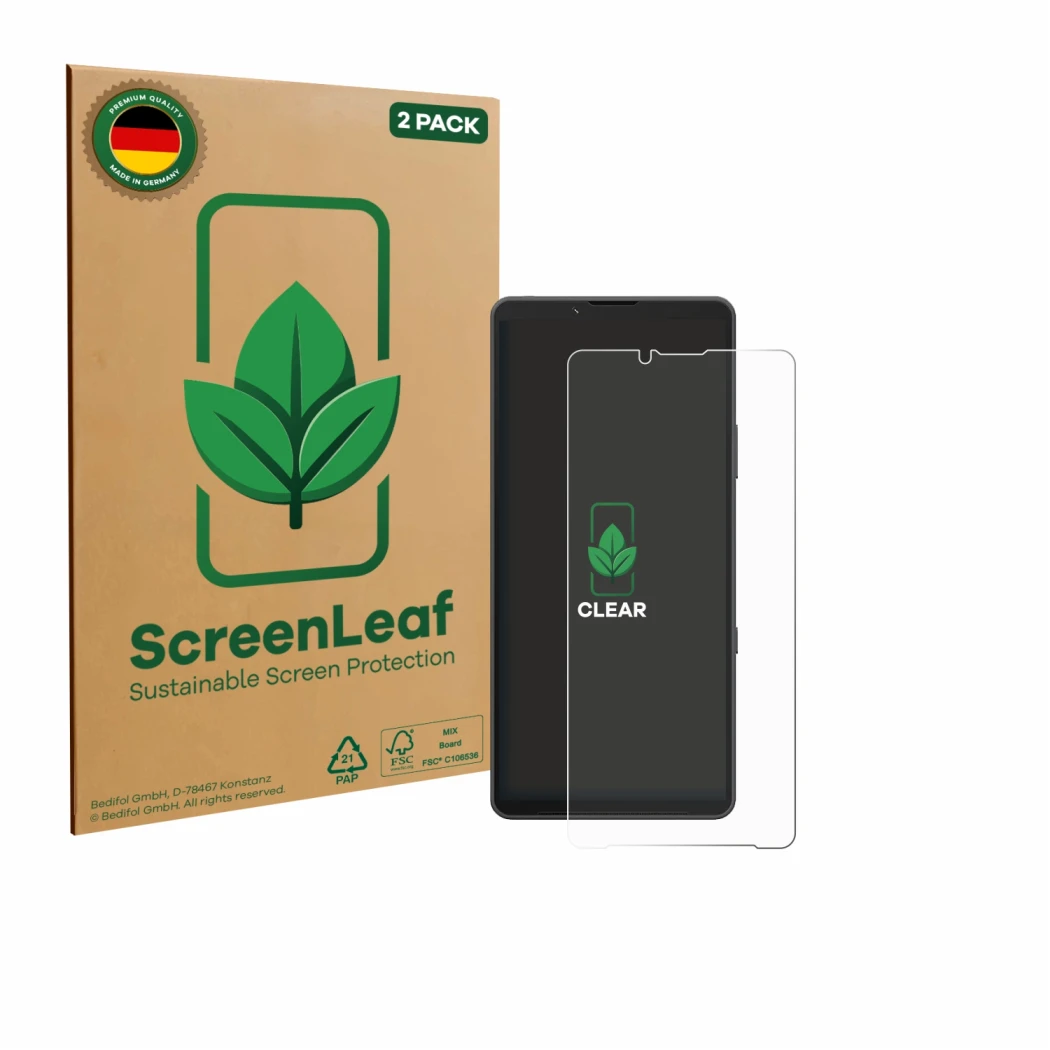 Face avant d’un emballage produit avec le logo de la marque ScreenLeaf. À côté, l’appareil Sony Xperia 10 VII est représenté a