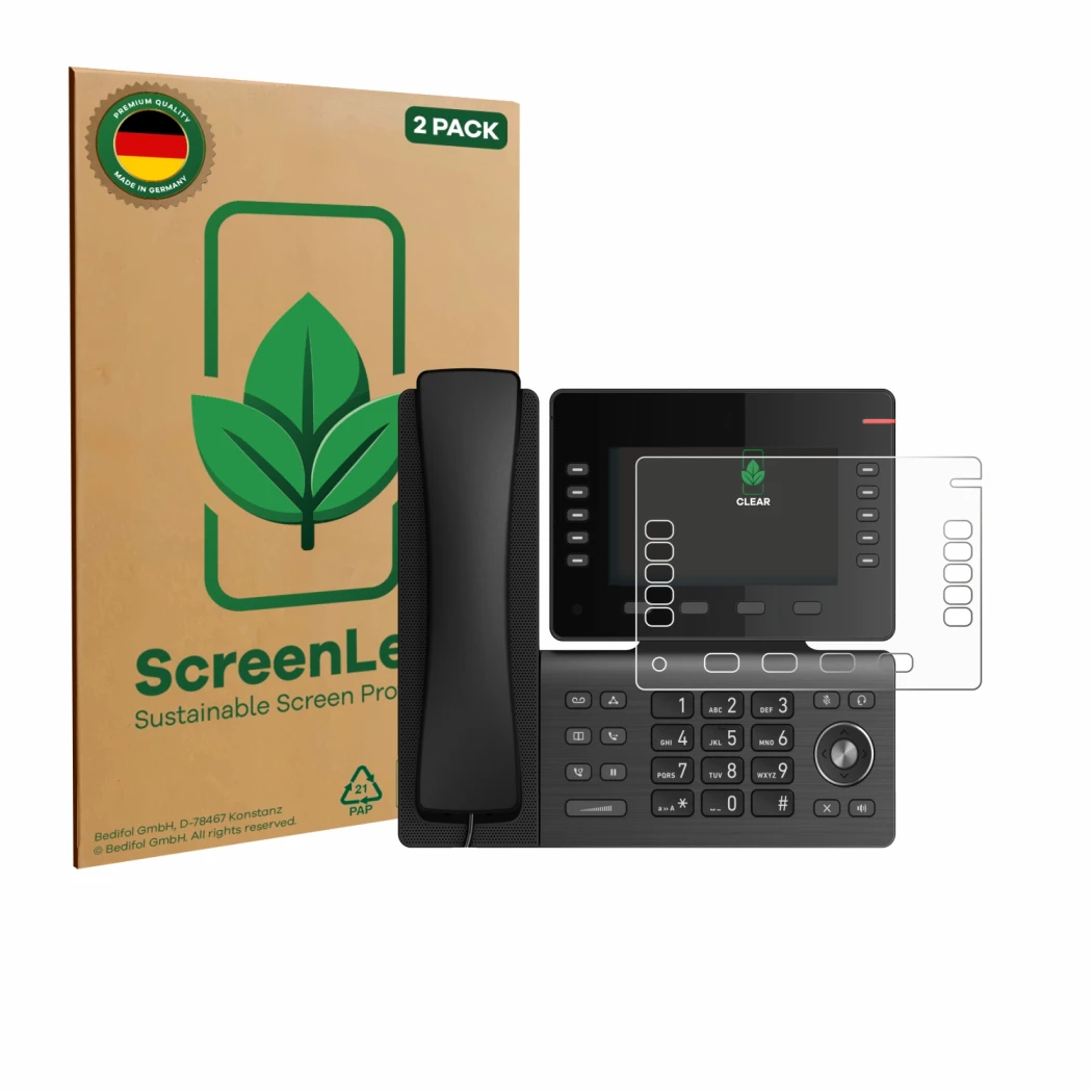 Face avant d’un emballage produit avec le logo de la marque ScreenLeaf. À côté, l’appareil Snom D865 est représenté avec la pr