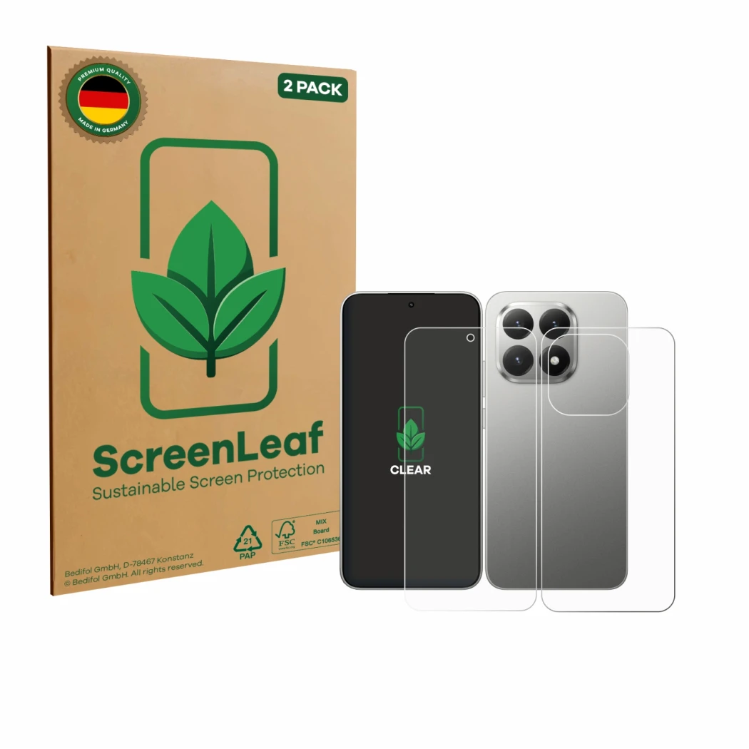 Face avant d’un emballage produit avec le logo de la marque ScreenLeaf. À côté, l’appareil Xiaomi 15T (Avant+Arrière) est repr