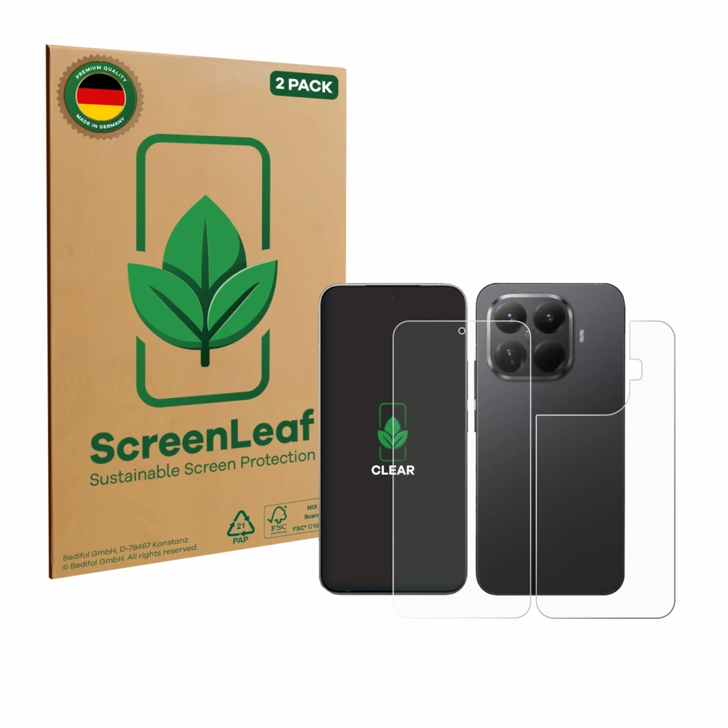 Face avant d’un emballage produit avec le logo de la marque ScreenLeaf. À côté, l’appareil Xiaomi 15T Pro (Avant+Arrière) est 