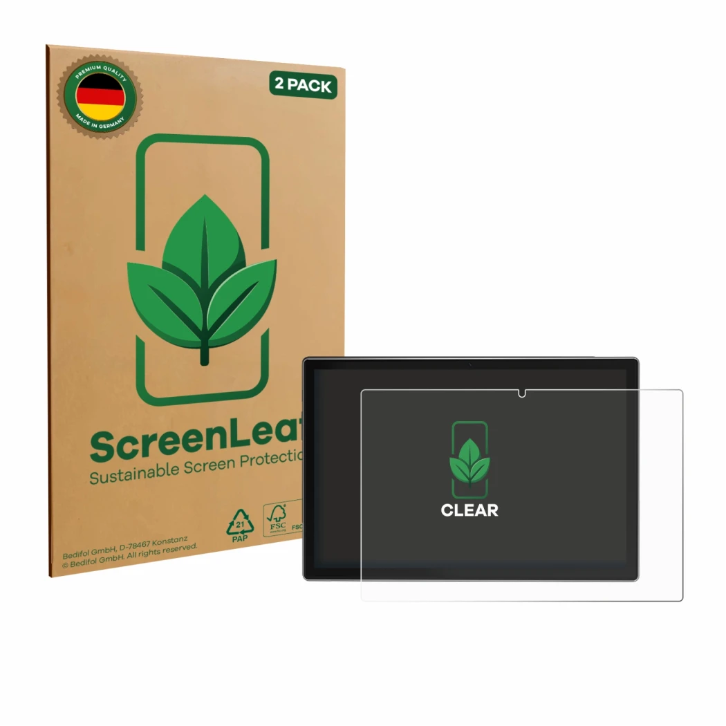 Face avant d’un emballage produit avec le logo de la marque ScreenLeaf. À côté, l’appareil Antemper D115 10.1