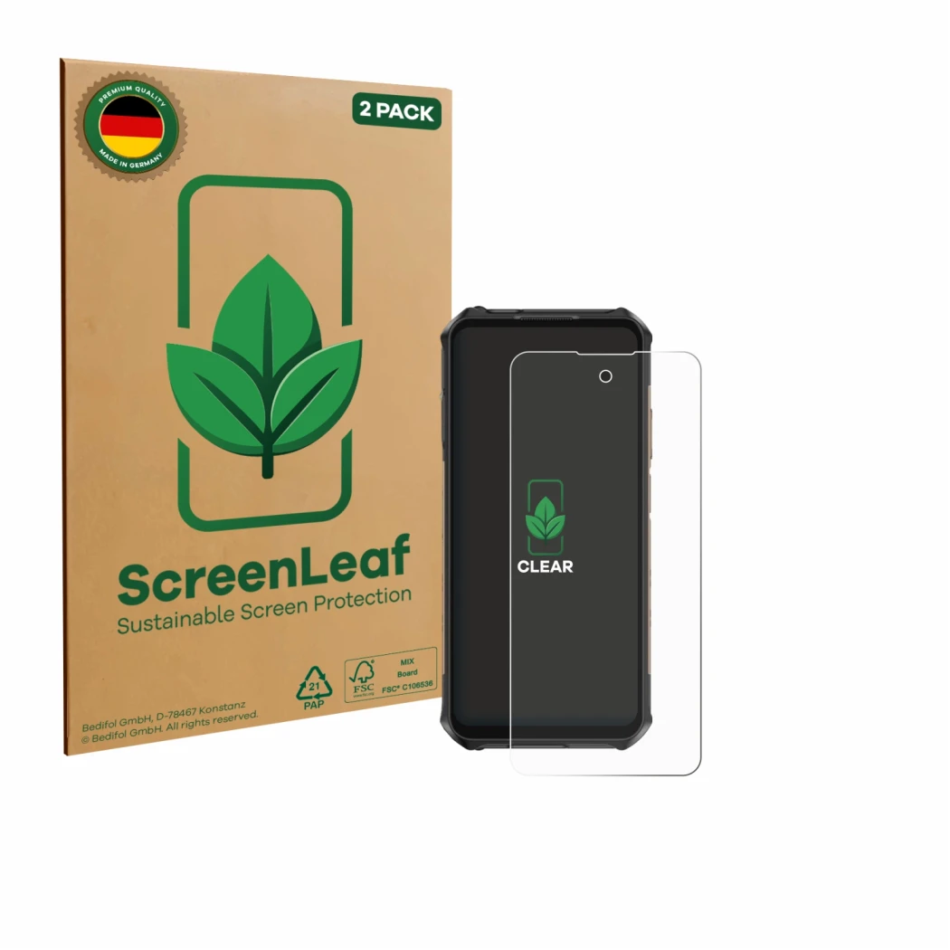 Face avant d’un emballage produit avec le logo de la marque ScreenLeaf. À côté, l’appareil Ulefone Armor X16 Pro est représent