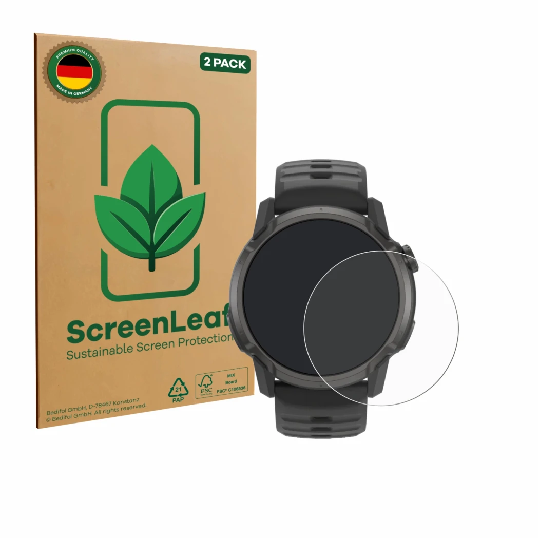 Face avant d’un emballage produit avec le logo de la marque ScreenLeaf. À côté, l’appareil Coros Apex 4 (42 mm) est représenté