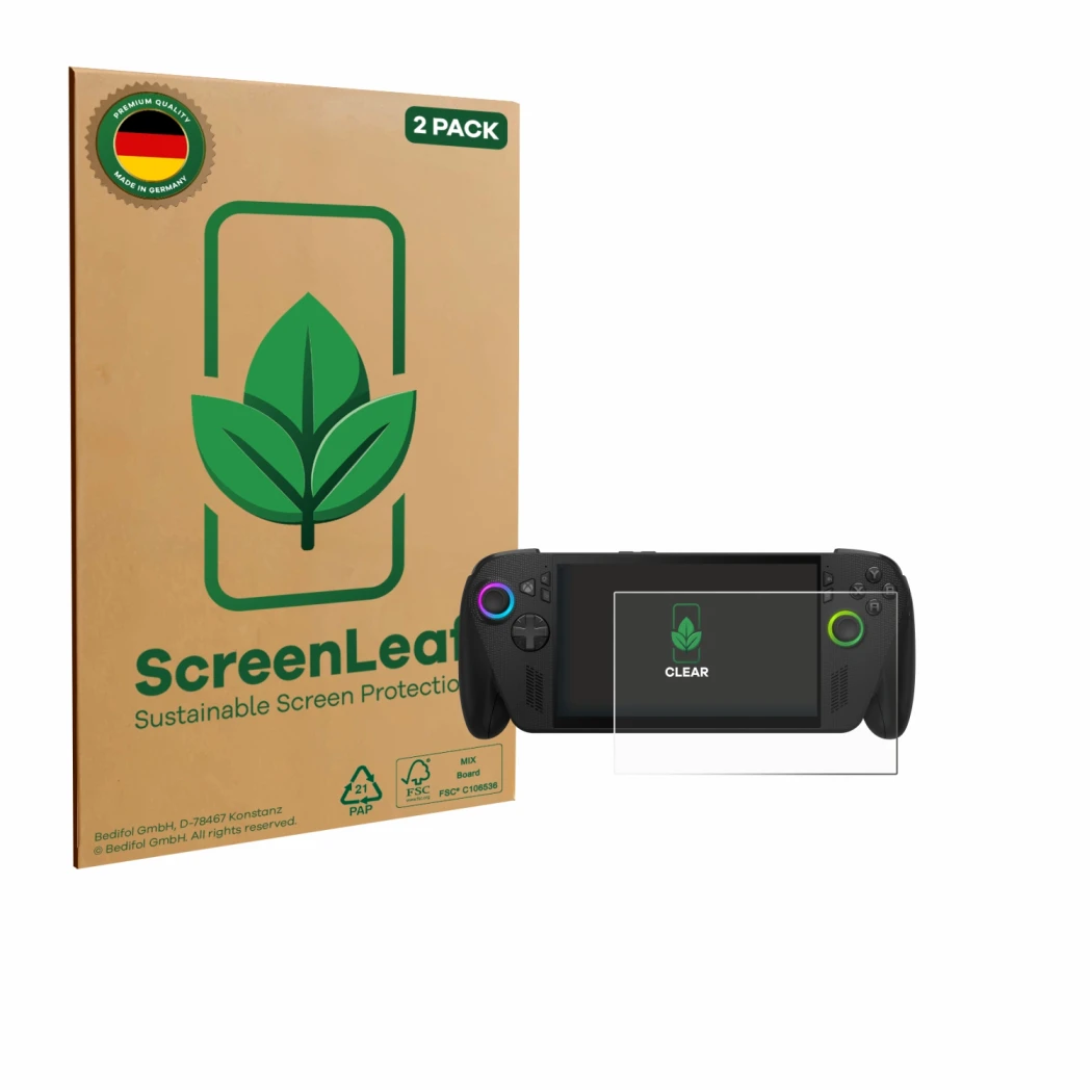 Face avant d’un emballage produit avec le logo de la marque ScreenLeaf. À côté, l’appareil ASUS ROG Ally X 2025 est représenté