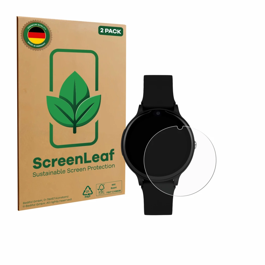 Face avant d’un emballage produit avec le logo de la marque ScreenLeaf. À côté, l’appareil One2Track Connect One est représent