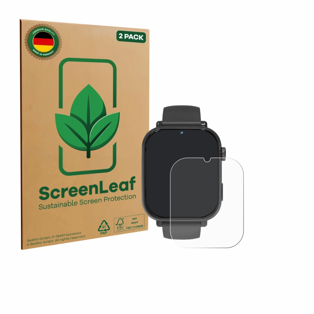 Face avant d’un emballage produit avec le logo de la marque ScreenLeaf. À côté, l’appareil Ucani A22 est représenté avec la pr