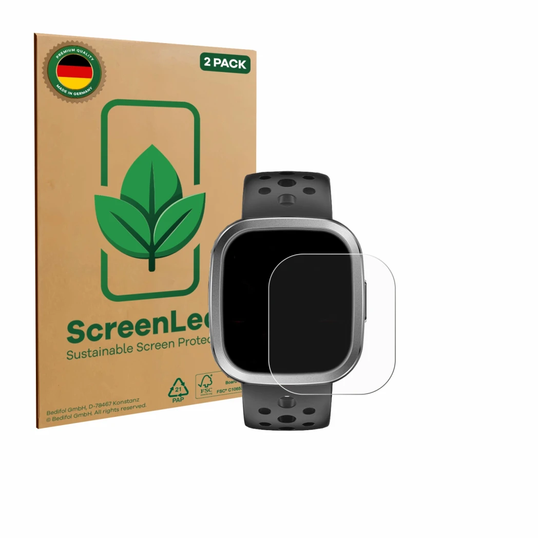 Face avant d’un emballage produit avec le logo de la marque ScreenLeaf. À côté, l’appareil YYKY Smartwatch 1.72