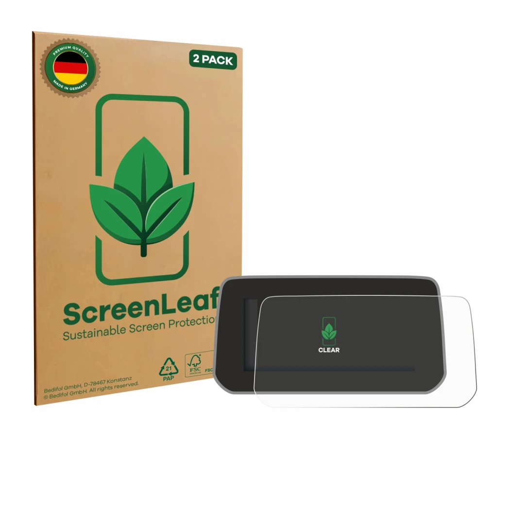 Face avant d’un emballage produit avec le logo de la marque ScreenLeaf. À côté, l’appareil Mazda CX-5 2020 est représenté avec