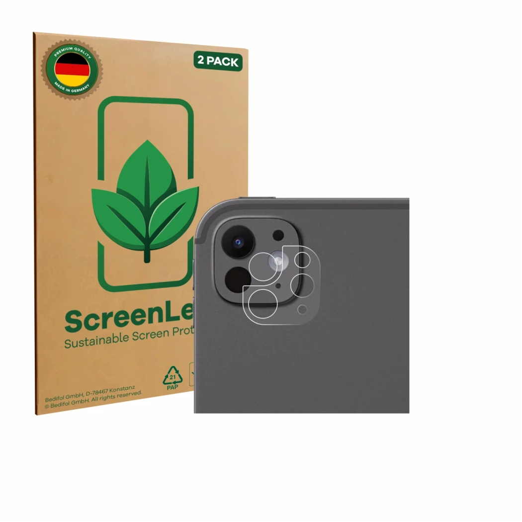 Face avant d’un emballage produit avec le logo de la marque ScreenLeaf. À côté, l’appareil Apple iPad Pro 11