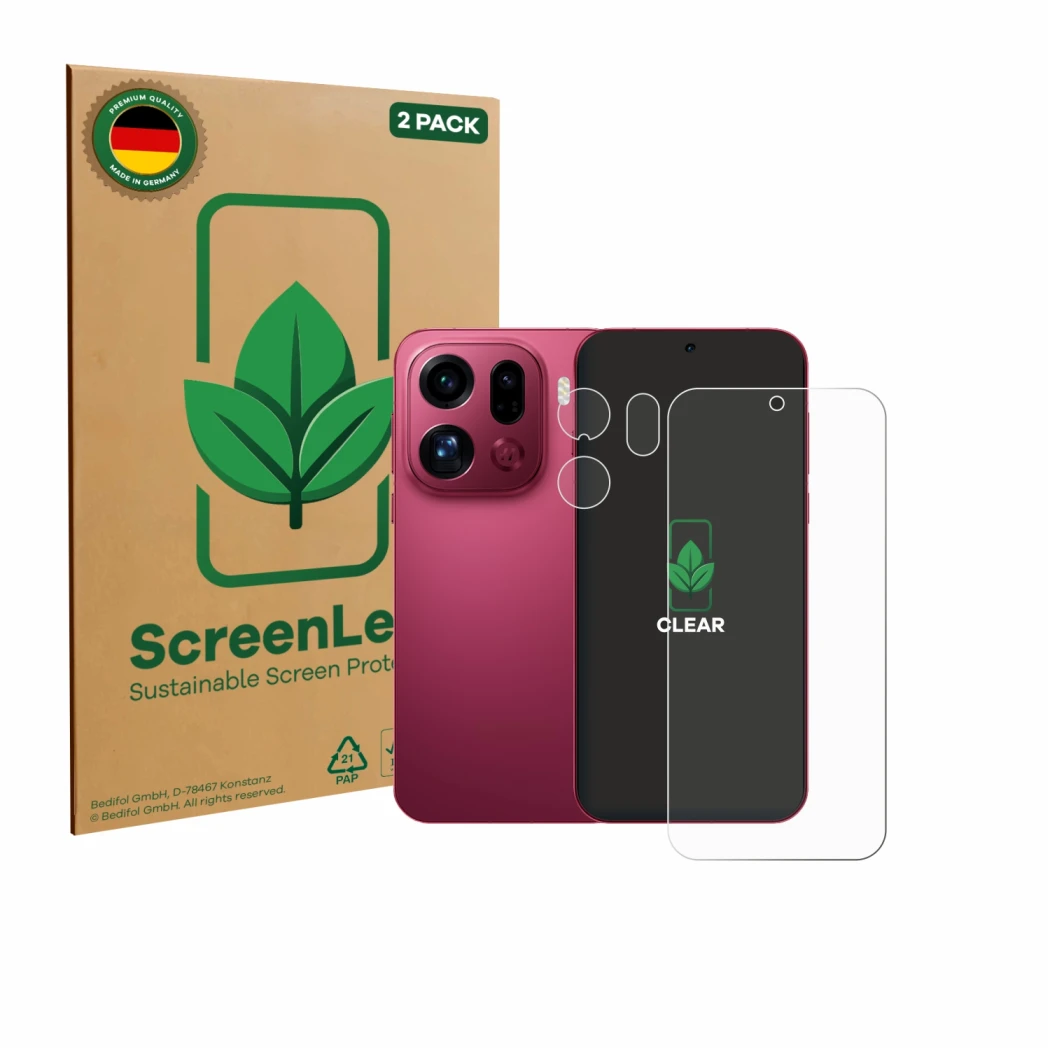 Face avant d’un emballage produit avec le logo de la marque ScreenLeaf. À côté, l’appareil Oppo Find X9 Pro (Avant+Caméra) est